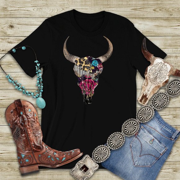 Bella Canvas Tops - Texas Longhorn Cow Skull Black T-Shirt